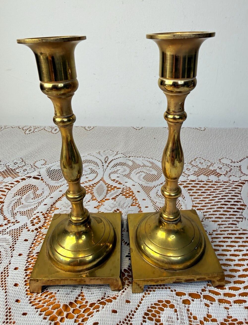 Polished Brass Taper Candle Holders Pair 7in Square Base Traditional Gold